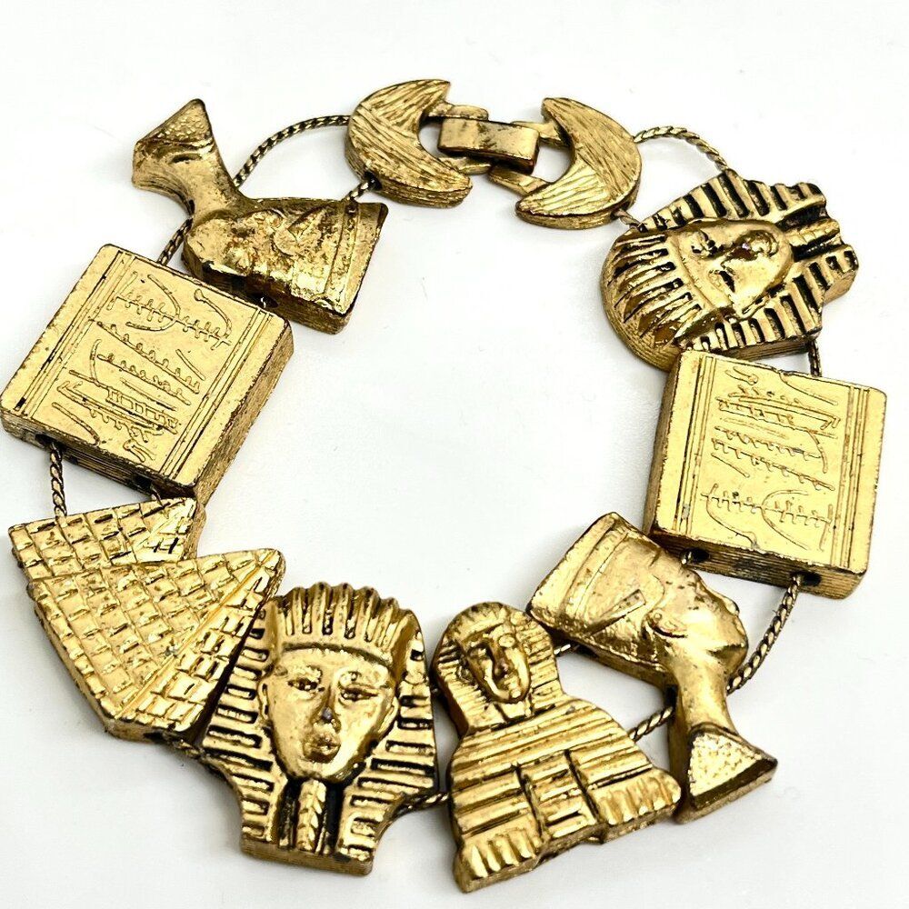 VINTAGE EGYPTIAN Revival Bracelet Pharaoh Sphinx Charm Gold Tone Slider TOFA